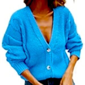 Loft Fuzzy Chunky Blue V-Neck Button Front Cardigan Sweater Size Medium 📦